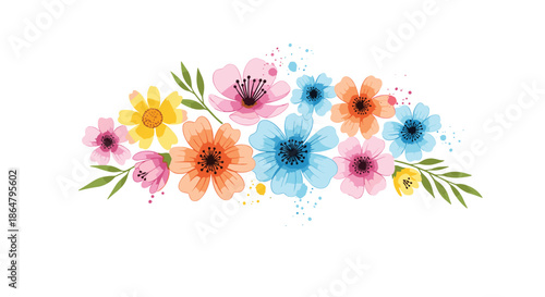 Beautiful horizontal floral arrangement featuring watercolor-style blossoms in blue, pink, orange, and yellow with green leaf accents.