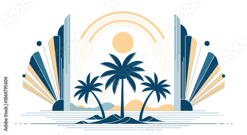 Stylized art deco illustration of a sunset over the ocean featuring three palm tree silhouettes and geometric decorative side elements.