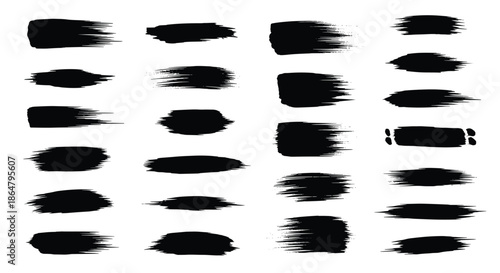 Assorted collection of black paint brush strokes with rough textures and varying thicknesses for artistic backgrounds and design overlays.