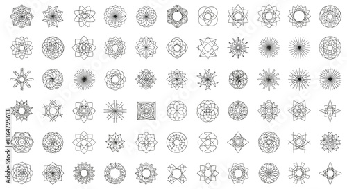 Library of intricate geometric line-art mandalas, stars, and celestial symbols for spiritual, technical, or decorative graphic design use.