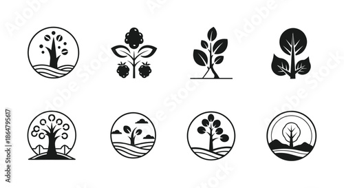 Set of eight solid black icons representing trees, plants, and sustainable nature conservation efforts within circular and organic frames.