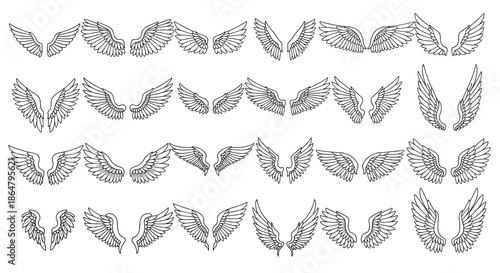 Collection of diverse pairs of angel or bird wings shown in various positions and styles from simple outlines to detailed feather sketches.