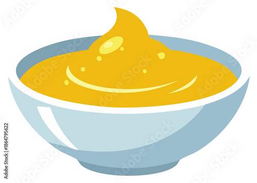 Smooth yellow sauce swirling in a light blue bowl with subtle highlights and glossy texture