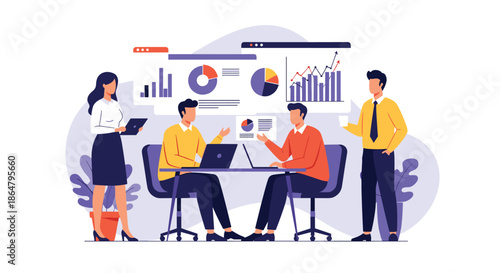 Professional business team collaborating around a table while analyzing diverse data charts, graphs, and financial performance information.