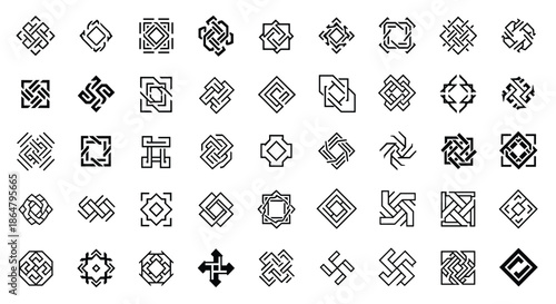 Library of complex geometric line-art logos and abstract structural symbols for professional branding and technical design projects.