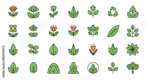 Library of colorful minimalist icons representing diverse flowers, leaves, and ecological symbols for modern botanical design projects.