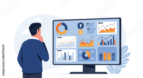 Business professional analyzing complex data dashboards and financial performance charts on a computer monitor in a modern office.