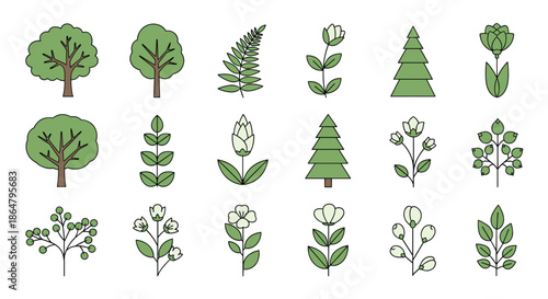 Diverse library of simple green icons representing various trees, leaves, flowers, and botanical elements for eco-friendly design projects.