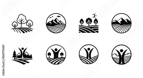 Set of eight solid black icons representing agricultural fields, mountains, sun, trees, and people celebrating nature for rural themes.