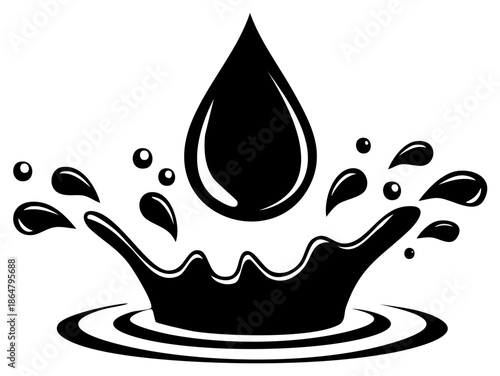 Black water drop falling into liquid creating a dynamic splash and concentric ripples vector illustration