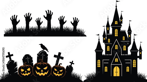 Halloween spooky silhouettes set with haunted castle graveyard pumpkins and zombie hands isolated on white background horror vector illustration