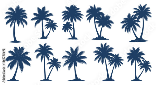Set of ten dark blue silhouettes representing various pairs and small groups of palm trees for tropical landscape and beach-themed designs.