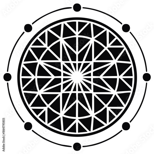 Abstract geometric mandala with intricate triangular grid and celestial orbital ring