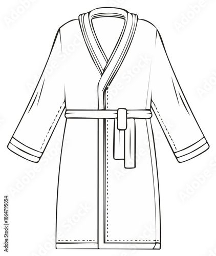 Line art illustration of a classic bathrobe with a tie belt and shawl collar for comfort and leisurewear