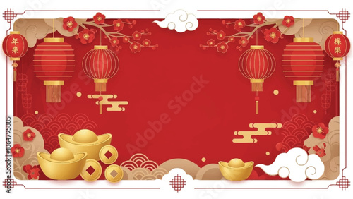 Digital illustration of a vibrant red Chinese New Year background with golden accents, lanterns, and decorative elements.