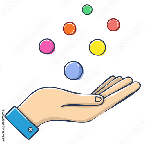 Human hand juggling many colorful balls illustration representing multitasking skill management