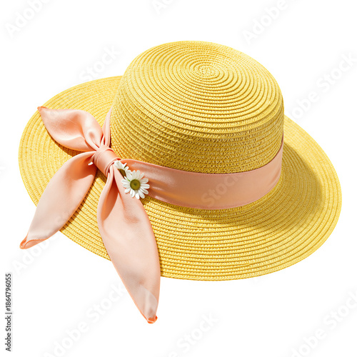 Yellow straw hat with pink ribbon and flower.