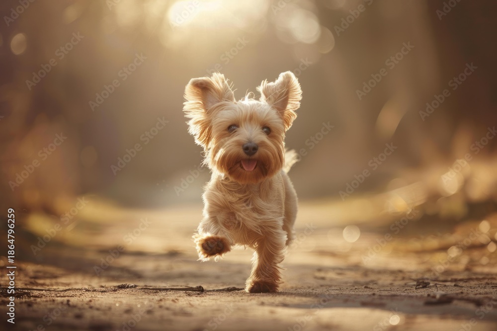 Fototapeta premium Small yorkshire terrier dog running happily on a path in a forest during a beautiful golden sunset