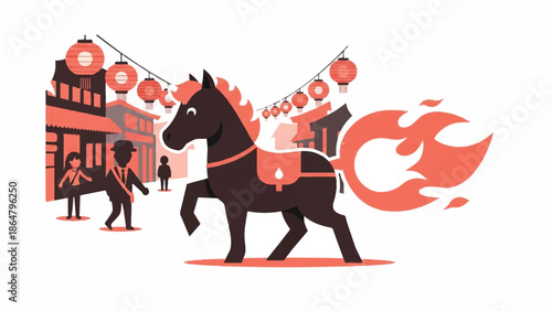 Illustration of a horse in motion with flames and lanterns in a stylized cityscape with warm red tones and a minimalist background.