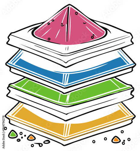 Stack of Square Shaped Colorful Plates Illustration with Triangular Food Graphic