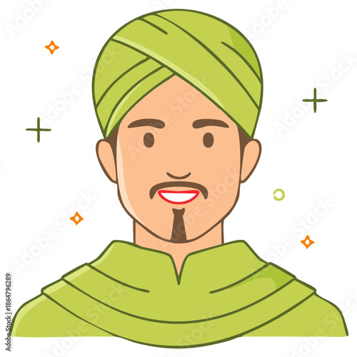 Smiling man wearing a traditional green turban and robe, vector character portrait