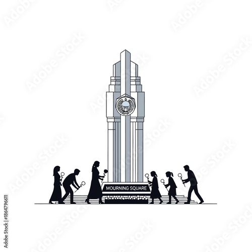 People gather around a tall, ornate clock tower, some holding small objects, in a commemorative setting.