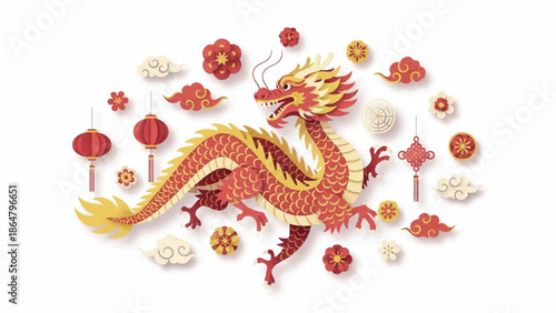 Vibrant red dragon surrounded by paper cutouts of flowers, lanterns, and other decorations on a white background with a festive mood.