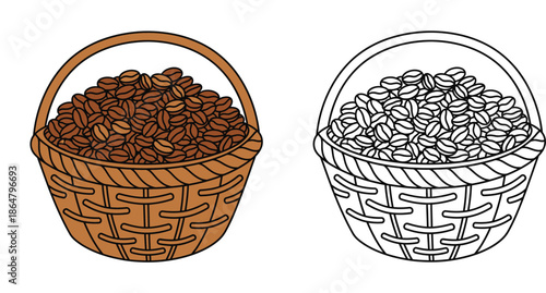 Vector illustration of a wicker basket full of roasted coffee beans in color and black and white outline styles isolated on white background.