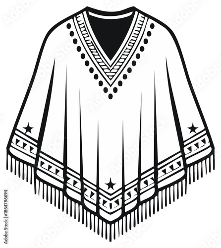 Detailed Poncho Outline with Stars Triangles Fringe and Black and White Simplicity Creates a Classic Ethnic Fashion Icon