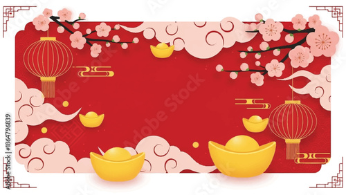 Digital illustration of a vibrant red Chinese New Year background with gold ingots, lanterns, and pink blossoms on a white border with ornate designs.