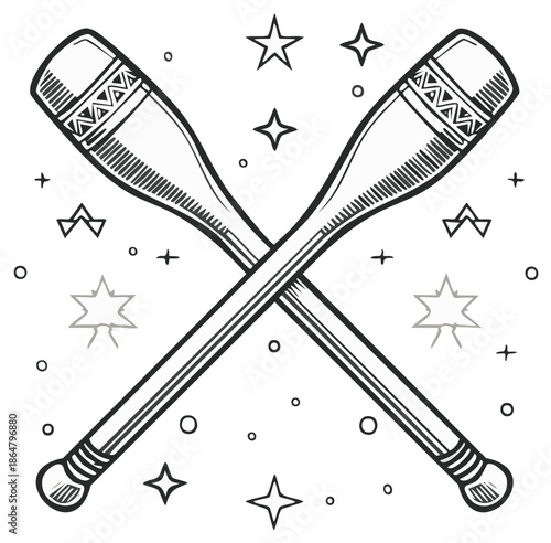 Drawn Gymnastics Clubs Clipart Illustration with Stars and Circles for Rhythmic Sport Composition and Artistic Expression