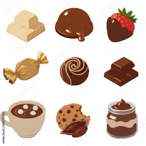 Assorted realistic chocolate desserts collection with pralines, truffles, hot cocoa, cookies and hazelnut 