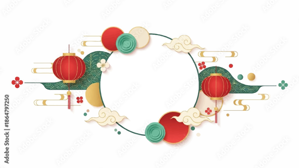 Obraz premium Circular graphic design featuring red, green, and gold Chinese lanterns, surrounded by decorative elements on a white background.