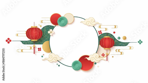 Circular graphic design featuring red, green, and gold Chinese lanterns, surrounded by decorative elements on a white background.