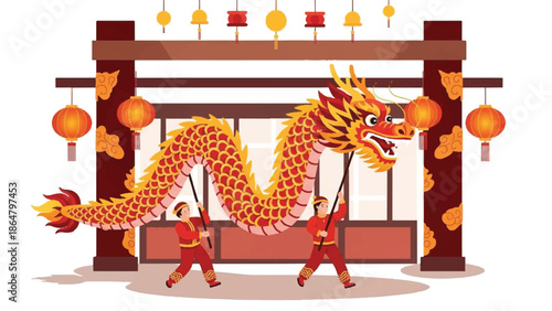 Illustration of a vibrant dragon dance performance with two people carrying a colorful dragon puppet in front of a traditional Chinese gate adorned with lanterns.
