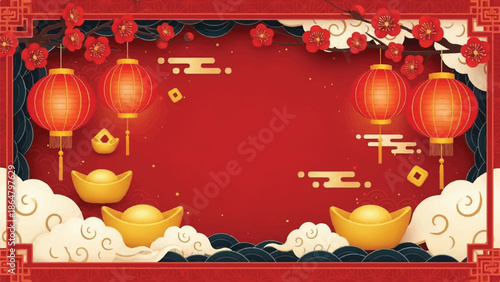 Digital illustration of a Chinese New Year background with red lanterns, golden ingots, and floral decorations on a red backdrop with clouds.