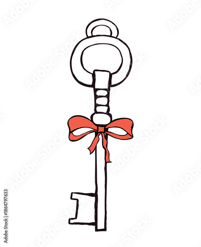 Whimsical valentine coquette doodle key with red bow, ribbon. Cute vintage element for Valentine's Day, wedding, birthday, invitation, greeting card. Hand drawn sketch. Isolated crayon vector illustra