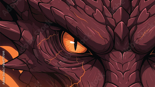 A close-up illustration of a fantasy dragon's face with fiery orange eyes and dark scales