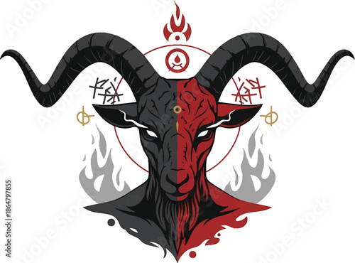 Mystical goat head illustration with occult symbols and fiery elements in a symbolic representation