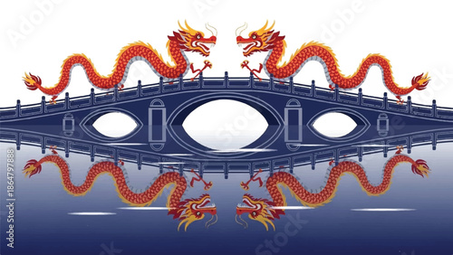 Illustration of two red and orange dragons on a bridge with reflection in water, conveying a traditional and mythological scene.