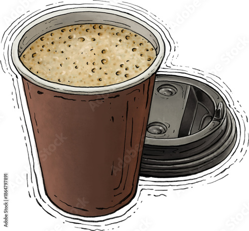 Fast food coffee cup illustration in hand drawn watercolor sketch style with brown paper sleeve and black lid