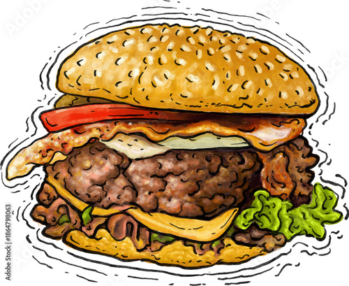 Double beef burger with cheese lettuce and tomato hand drawn watercolor sketch style illustration