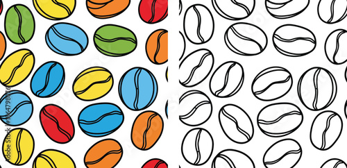 Coffee beans seamless pattern vector background set. Colorful and black white outline doodle style texture for cafe branding, packaging, and textile design.