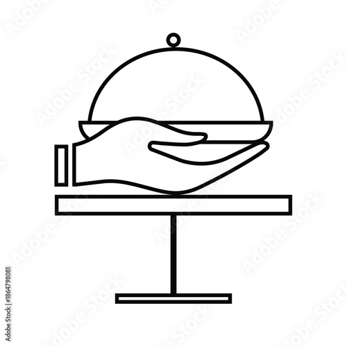 Food Serving Line Icon, Restaurant Service Tray on Table with Hand Outline Symbol