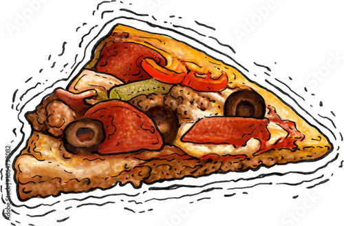 Slice of loaded pizza with pepperoni, olives, bell peppers, and sausage, hand-drawn illustration with transparent background
