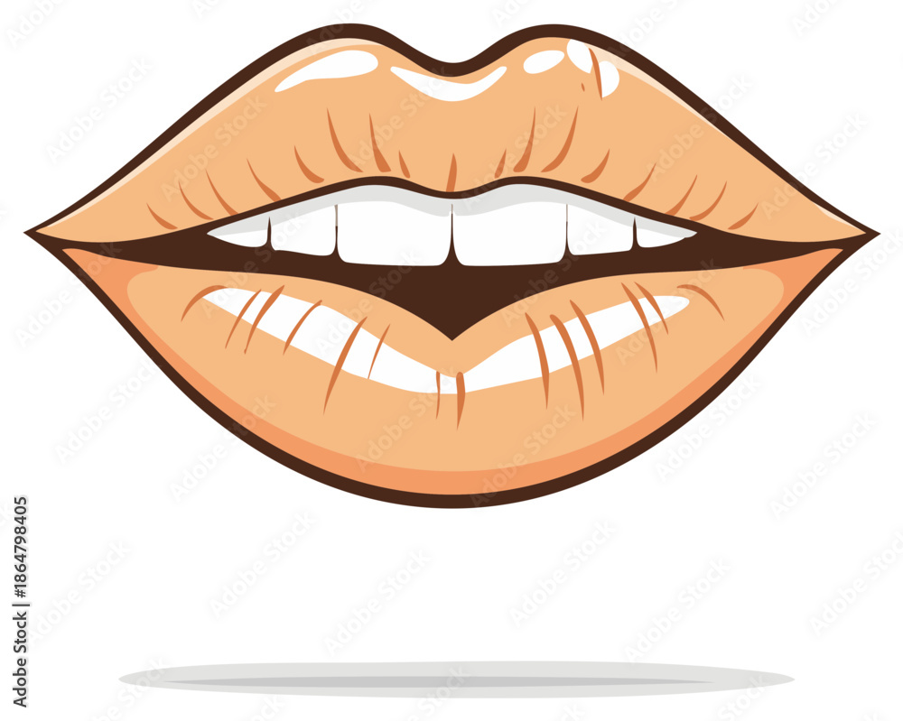 Obraz premium Cartoon Female Lips with Teeth, Open Mouth, Glossy Peach Lipstick Illustration