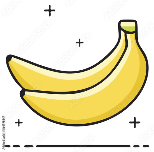 Two Yellow Bananas with Black Outline and Dots Illustration on White Background