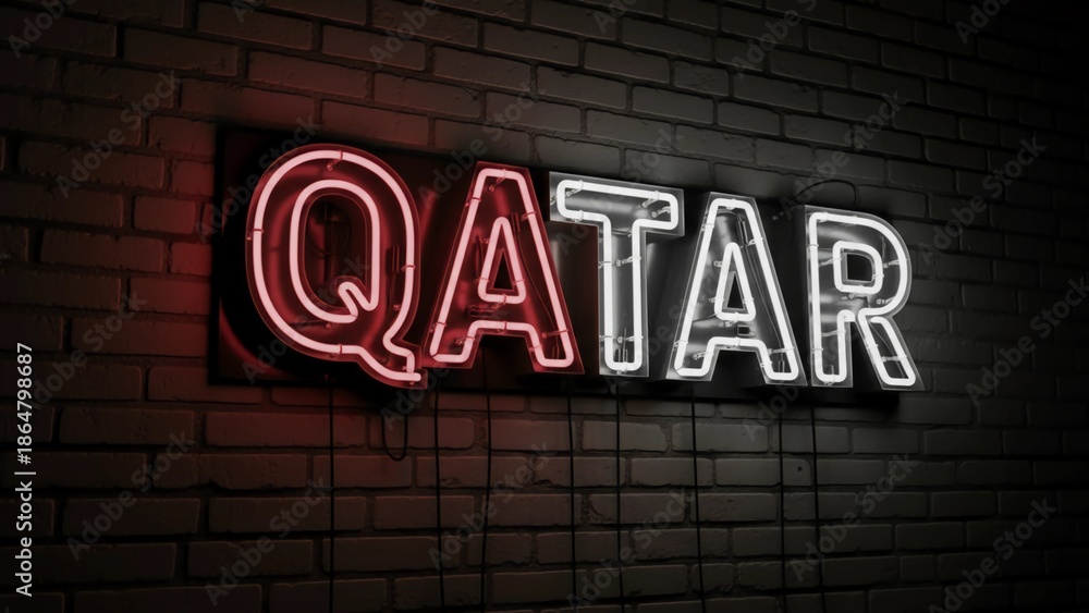 Obraz premium A neon sign reading Qatar mounted on a dark brick wall at night