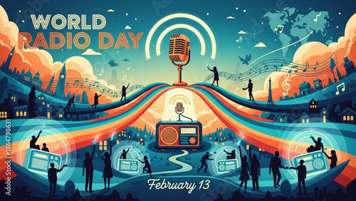 Vibrant illustration celebrating world radio day on february 13 with people, microphones, radios, and musical notes in a colorful cityscape with celebration