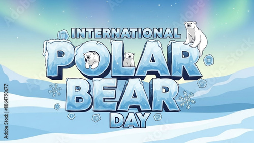 International polar bear day awareness campaign logo with cute polar bears and icebergs on snowy landscape with conservation and climate change